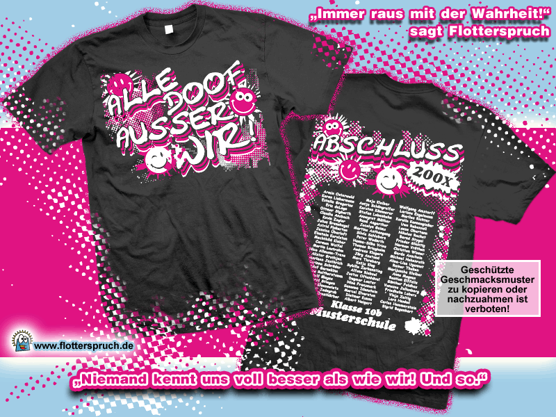 abschlussmotiv "Alle doof" auf schwarzem abschluss t-shirt für teamwork und teamgeist!