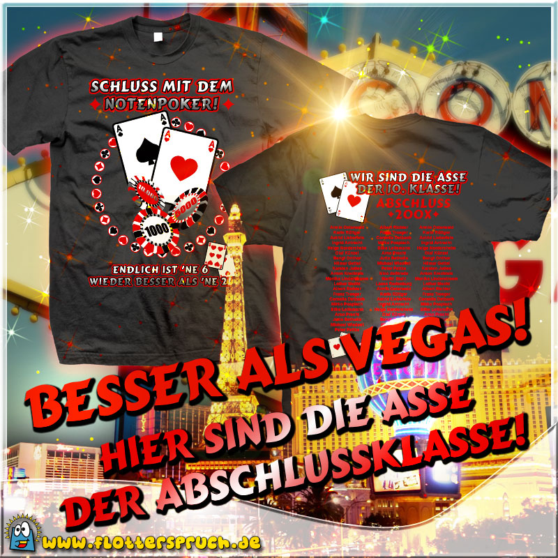 abschlussmotiv "Notenpoker - Beser als Vegas!" auf schwarzem Abschluss-t-shirt